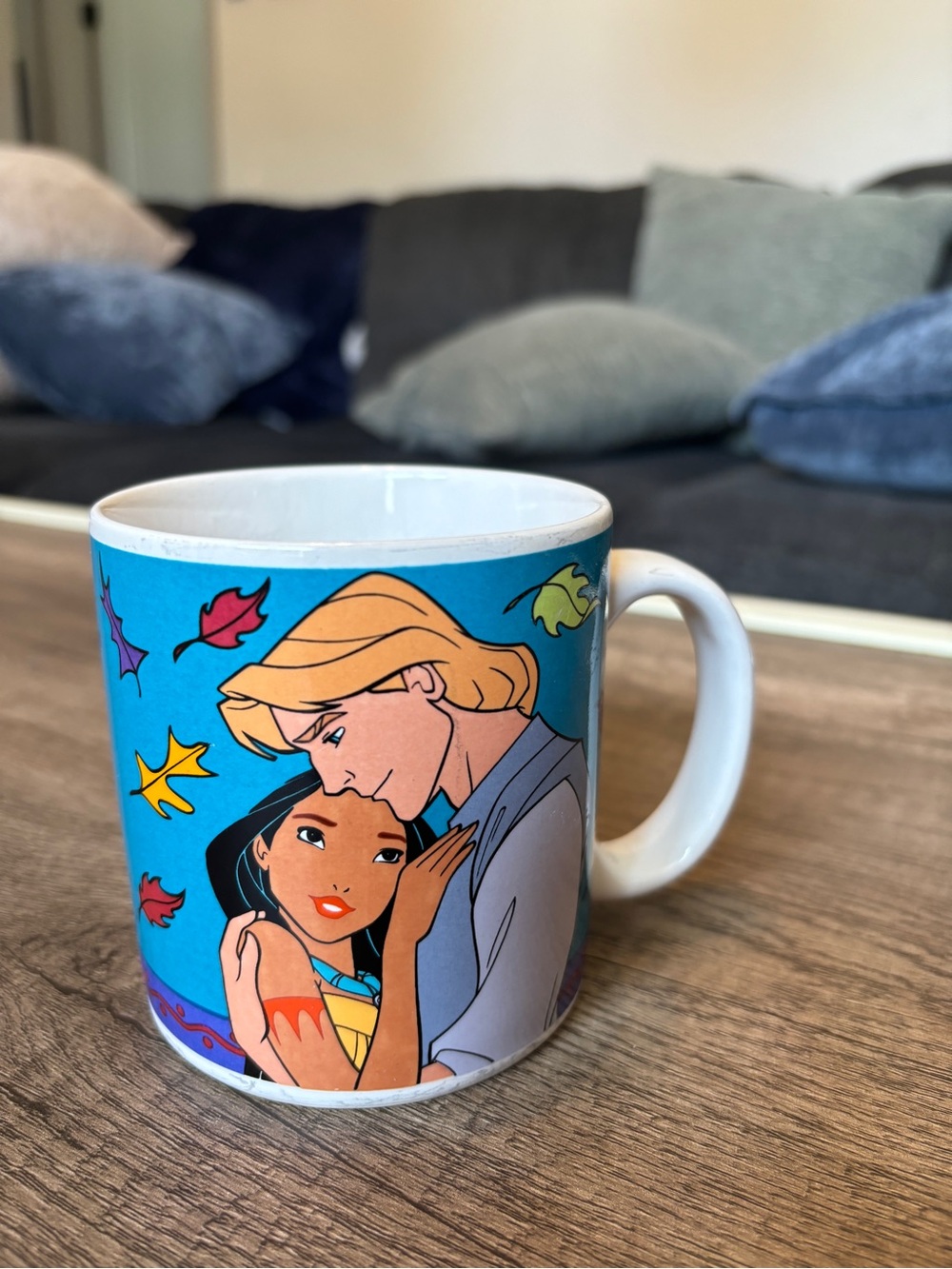 Vintage 90s Disney Pocahontas Ceramic Coffee Mug Cup Colorful Leaves RARE